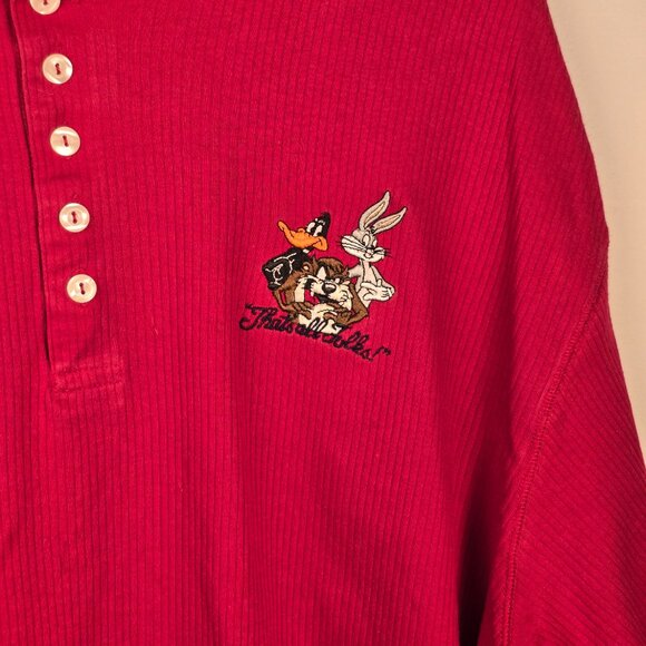 Looney Tunes Women's XL Henley T-Shirt Red Short Sleeved 5 Buttons Ribbed - Picture 2 of 6